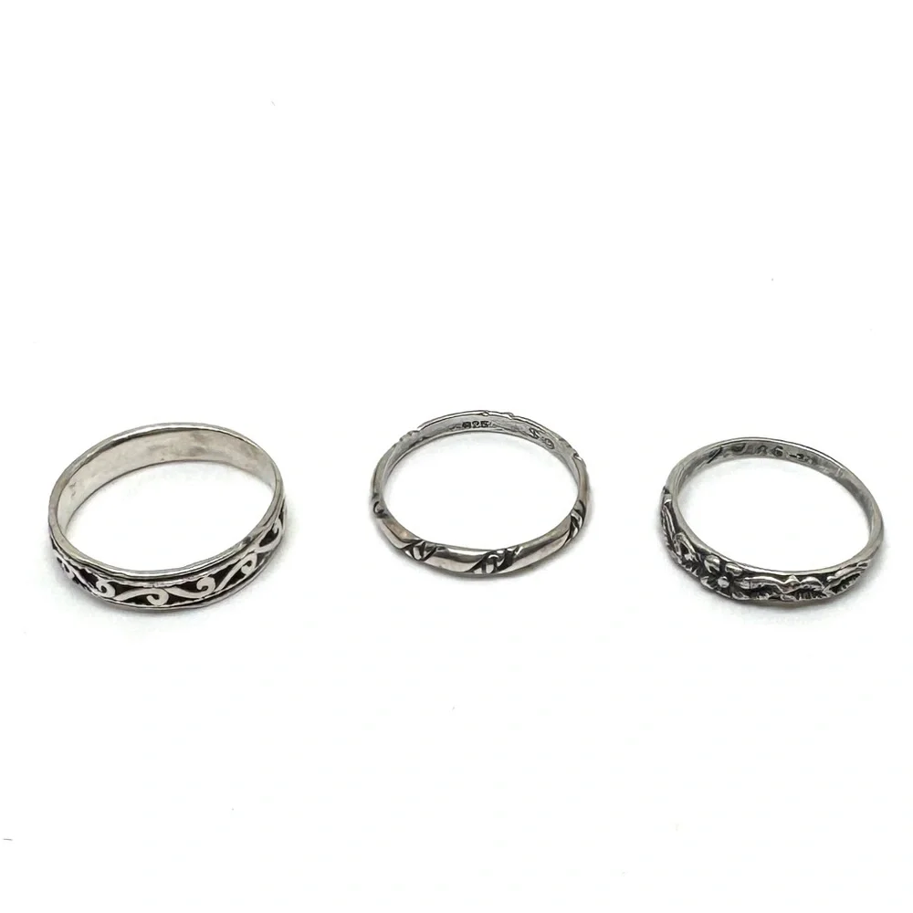 Sterling Silver Stacking Rings Dainty Bands Filigree Floral Size 7 1/2 to 7 3/4
